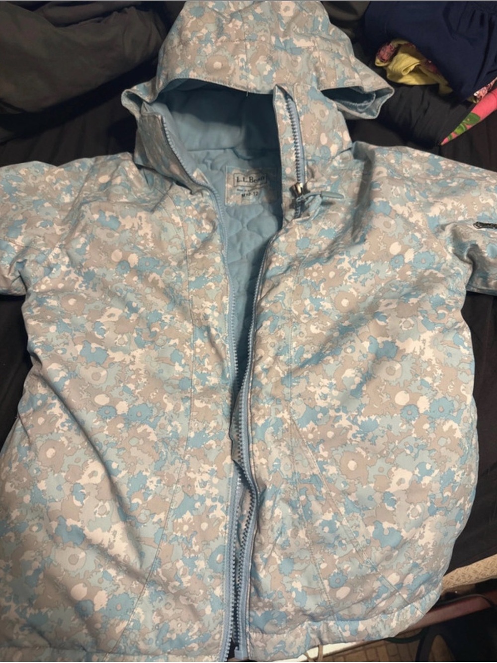 L.L. Bean Light Blue and Gray Floral Hooded coat